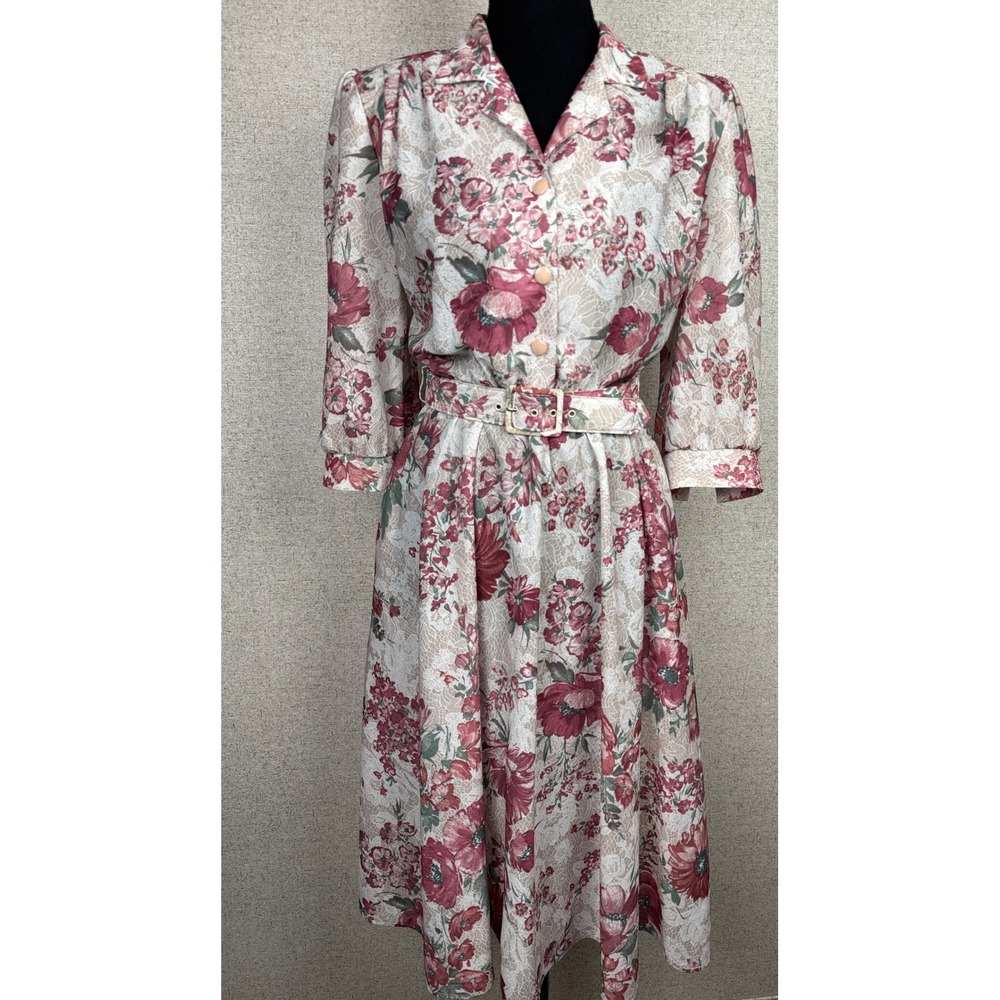 California Looks Vintage 80s Rose Floral Lace Print Midi Dress 8P Petite Belted